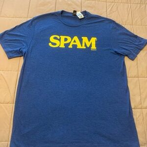 SPAM Shirt NEW Mens XL Blue Yellow Graphic Tee Advertising Promo Brand Logo NWT